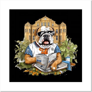 Accountant English Bulldog t-shirt design, a bulldog wearing a graduation cap and holding Posters and Art